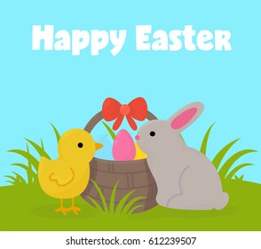 Happy Easter. Card cute Bunny and chick on a grass background. Vector images in cartoon style.