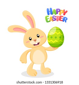 Happy Easter card. Cute cartoon Easter bunny with Easter egg. Vector llustration isolated on white background