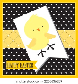 Feliz tarjeta de Pascua con pollo y decoraciones lindas