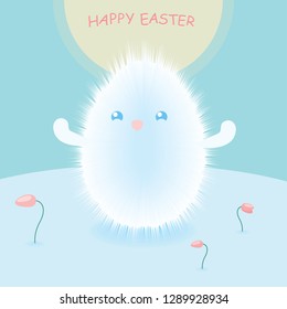 Happy Easter card with cute Egg cartoon character and snowdrop buds on the snow. Celebrating Christian holiday. Vector illustration