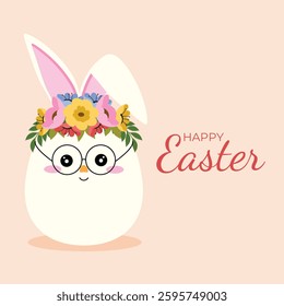 Happy Easter. Easter card with cute egg face, colorful flowers and bunny ears in flat vector design. 