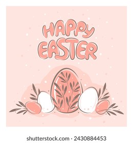 Frohe Ostern, Karte mit süßen Ostereiern in Pastellfarben. Vektor-Illustration für Begrüßungshintergrund oder Poster.