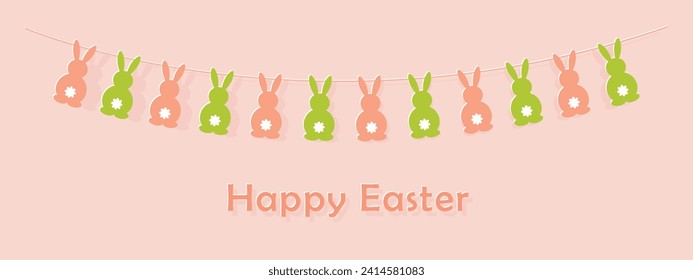 Happy Easter card, cute festive bunting, string of bunnies vector illustration