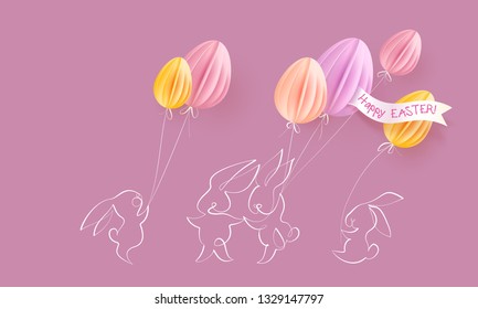 Happy Easter card. Cute hand drawn rabbits with air balloons shaped as eggs. Vector paper desing illustration. Continuous one line style.