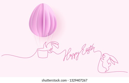 Happy Easter card. Cute hand drawn rabbits with air balloon shaped as eggs. Vector paper desing illustration. Continuous one line style.