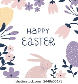Happy Easter  card. Cute hand drawn Spring print with eggs, flowers, leaves and bunny