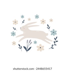 Happy Easter  card. Cute hand drawn Spring print with eggs, flowers, leaves and bunny