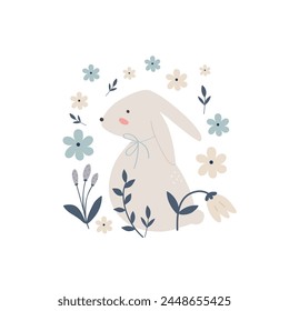 Happy Easter  card. Cute hand drawn Spring print with eggs, flowers, leaves and bunny