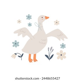 Happy Easter  card. Cute hand drawn Spring print with goose, flowers, leaves 