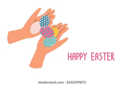 Happy Easter card, cute card hands holding painted eggs. holiday gift card