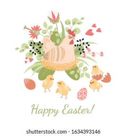 Happy easter card with cute hen, chickens and eggs on a background of flowers and leaves. Vector illustration in cartoon style.