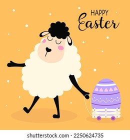 happy easter card with cute lamb character, sheep with easter egg in box, good for spring poster, banner, greeting card, flat design