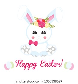 Happy Easter Card with a Cute little bunny  and floral design.