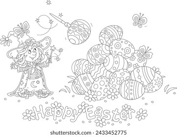 Happy Easter card with a cute little fairy waving her gold magic wand and painting with a flying magical paintbrush decorative gift eggs for the holiday, black and white vector cartoon 