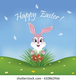 Happy Easter card with a cute pink bunny finding red eggs in in the grass. Dragonflies on the blue sky.