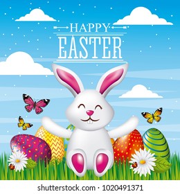 happy easter card cute rabbit sitting with bright eggs butterflies and flowers ladybug