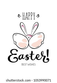 Happy Easter card. Cute rabbit keeps Easter eggs. Lettering Happy Easter Best Wishes. Vector holiday card on white background