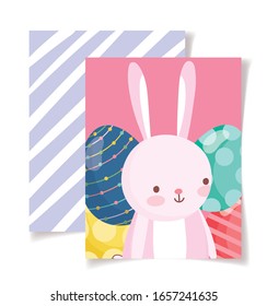 happy easter card cute rabbit decorated eggs stripes background vector illustration