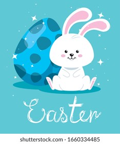 happy easter card with cute rabbit and egg vector illustration design