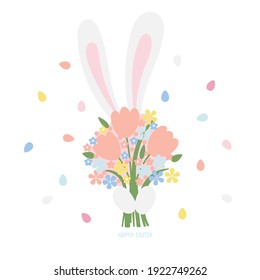 Happy easter card with cute rabbit holding a bouquet and text. Design for banner, greeting card, or social media post. Easter symbol vector illustration.