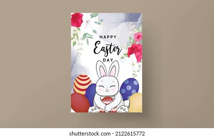 Happy Easter card with cute rabbit Easter egg and beautiful flowers
