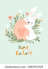 Happy easter card with cute rabbit. Vector illustrations