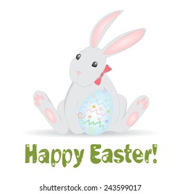 Happy Easter card with cute rabbit holding egg, isolated on white background. 