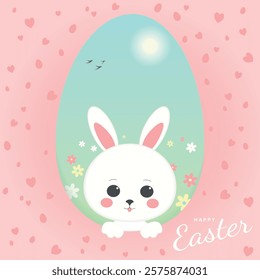 Happy Easter card with a cute rabbit peering out of an egg-shaped window that shows sunshine, swallows and flowers. Pink background with small hearts and eggs. 