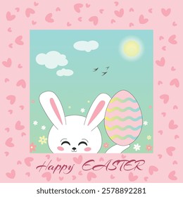 Happy Easter card with a cute  rabbit and an egg against the backdrop of a blooming sunny meadow