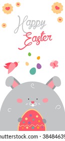 Happy Easter card with cute rabbit vector. Funny hand drawn bunny illustration.