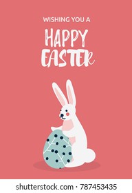 Happy Easter card with a cute Easter rabbit holding a decorative egg. Funny bunny for a holiday event. Vector illustration in a cartoon style.