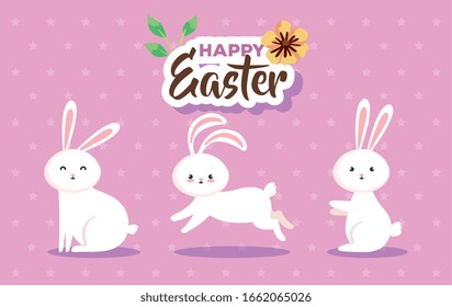 happy easter card with cute rabbits vector illustration design