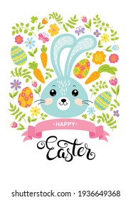 Happy Easter card with cute rabbits, eggs, floral elements and typographic design. Vector illustration.