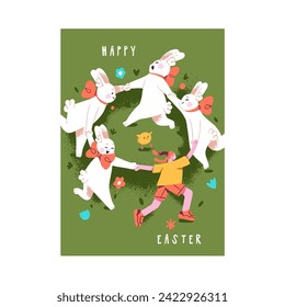 Happy Easter card. Cute rabbits do round dance. Funny bunnies with bows fun with girl. Lovely hares play with child, tiny chicken. Fairytale paschal congratulation. Childish flat vector illustration