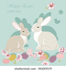 Happy Easter card with cute rabbits in a field of cherry flowers and eggs. Pastel trendy colors. Vector 