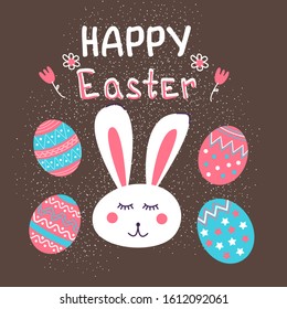 Happy easter card with cute white rabbit and egg.