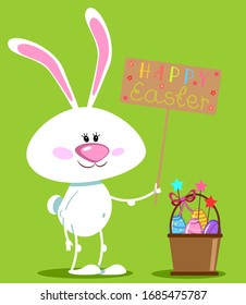 Happy Easter card. Cute white bunny and eggs cartoon characters illustrations. Vector illustration.