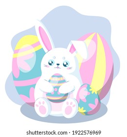Happy easter card. Cute white easter bunny holding egg. Vector flat illustration. 