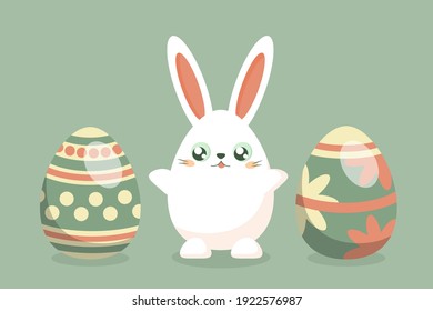 Happy easter card. Cute white easter bunny with eggs. Vector flat illustration. 