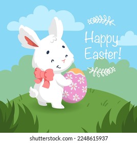 Happy easter card with cute white bunny and easter egg on a green meadow. Cartoon character rabbit.