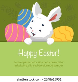 Happy easter card with cute white bunnies and easter eggs. Cartoon character rabbit.