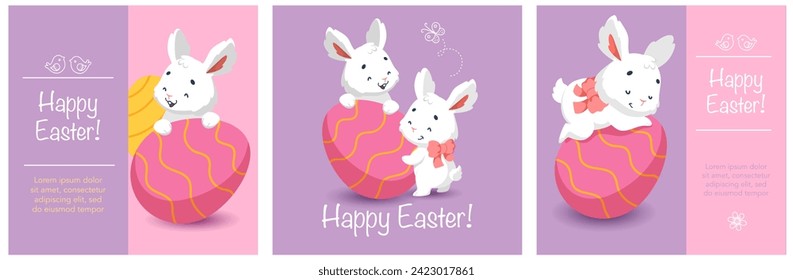 Happy easter card with cute white bunnies and easter egg. Cartoon character rabbit. Set of postcards.