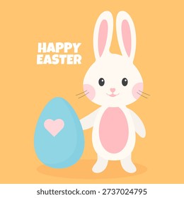 Happy Easter! Easter card with a cute white bunny and egg on an orange background. April 5, 2026. Vector image.