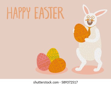 Happy Easter card. Cute white bunny holding decorated egg, laughing, wearing glasses, tie, standing. Pile of colorful eggs. Hand drawn lettering. Pastel pink background. A6, A5, A4, A3 horizontal size