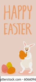 Happy Easter card. Cute white bunny holding orange decorated egg, laughing, wearing glasses, neck tie, standing. Pile of colorful eggs. Hand drawn lettering. Pastel pink background. Vertical DL size.