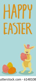 Happy Easter card. Cute yellow bunny holding red decorated egg, laughing, wearing top hat, bow tie, standing. Pile of colorful eggs. Hand drawn lettering. Blue background. Vertical DL size.
