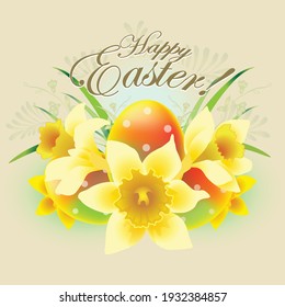 Feliz Pascua. Tarjeta con daffodils y huevos.