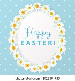 Happy Easter card with daisy chain. Chamomile egg shape frame with text on blue polka dot background. Vector illustration