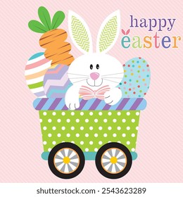 Happy Easter card day with cute bunny, eggs, carrot on a carriage