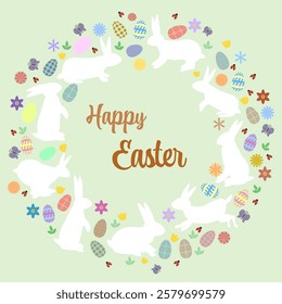 Happy Easter, Easter card. Decorated with bunnies, Easter eggs, flowers, leaves. Flat vector illustration. EPS 10.